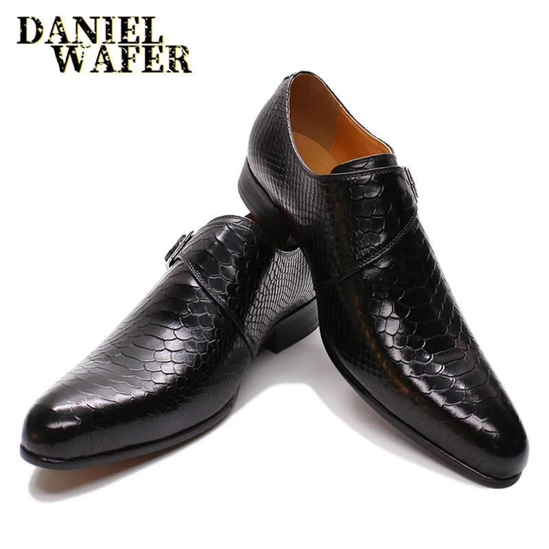Luxury Men&#39;s Loafers Genuine Leather Snake Skin Prints Monk Strap Slip o... - $138.51