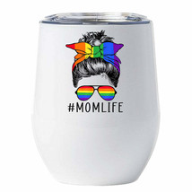 Mom Life Tumbler 12oz Messy Bun Hair LGBT Rainbow Pride Sunglasses Bandana Cup - £18.15 GBP