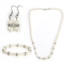 Timeless Faux Pearl & Crystal Jewelry Set- Necklace, Drop Earrings & Bracelet - $27.99