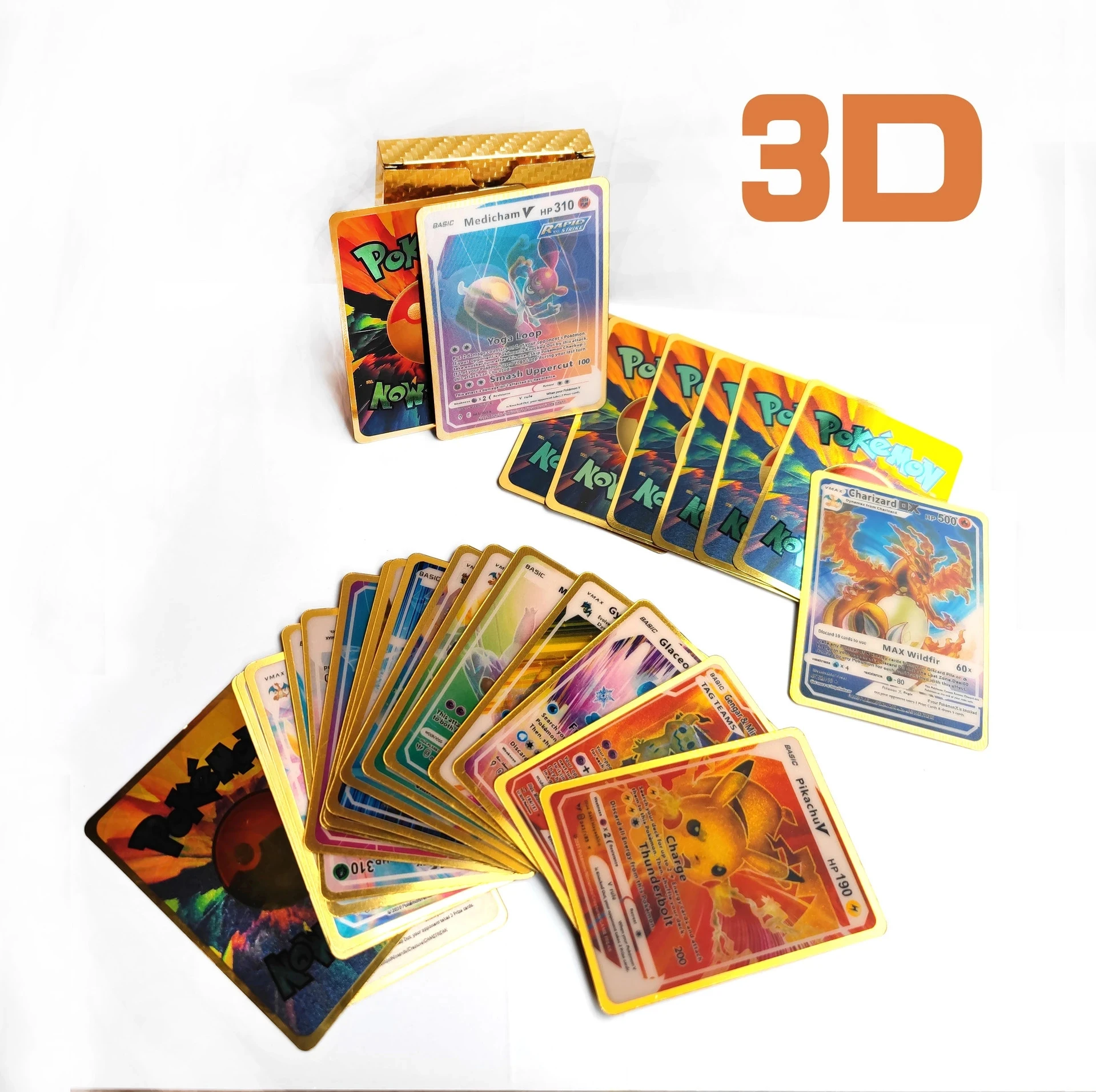 10Pcs Pokemon 3D Shining Rainbow Cards English Vmax Gx Charizard Pikachu Trading - £7.32 GBP
