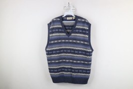 Vintage 90s Streetwear Mens XL Fair Isle Cotton Knit V-Neck Sweater Vest Blue - £53.41 GBP