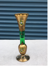 Vintage Green Gold Glass Bud Floral Vase 10&quot; - £19.74 GBP