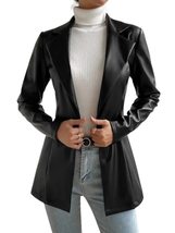 Synthetic Leather Black Blazer for Women Single Breasted Regular Fit Cas... - £47.20 GBP