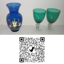 Green Wine Glasses (2) Blue Flour Vase With Floral Design - £12.09 GBP