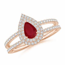 ANGARA Split Shank Pear Ruby and Diamond Double Halo Ring for Women in 14K Gold - £1,210.41 GBP