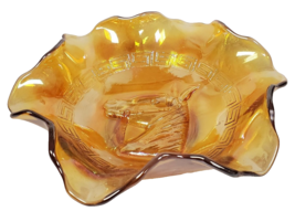 Vtg USA Iridescent Marigold Carnival Glass Horses Head Medallion Ruffled... - $25.64