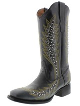Womens Black Western Cowboy Boots Silver Studded Embroidered Square Toe - £64.72 GBP