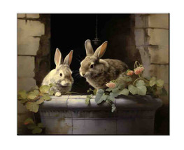 Art Print Bunnies  Rabbit  s Vintage  VI Oil painting Giclee on Canvas - £7.04 GBP+