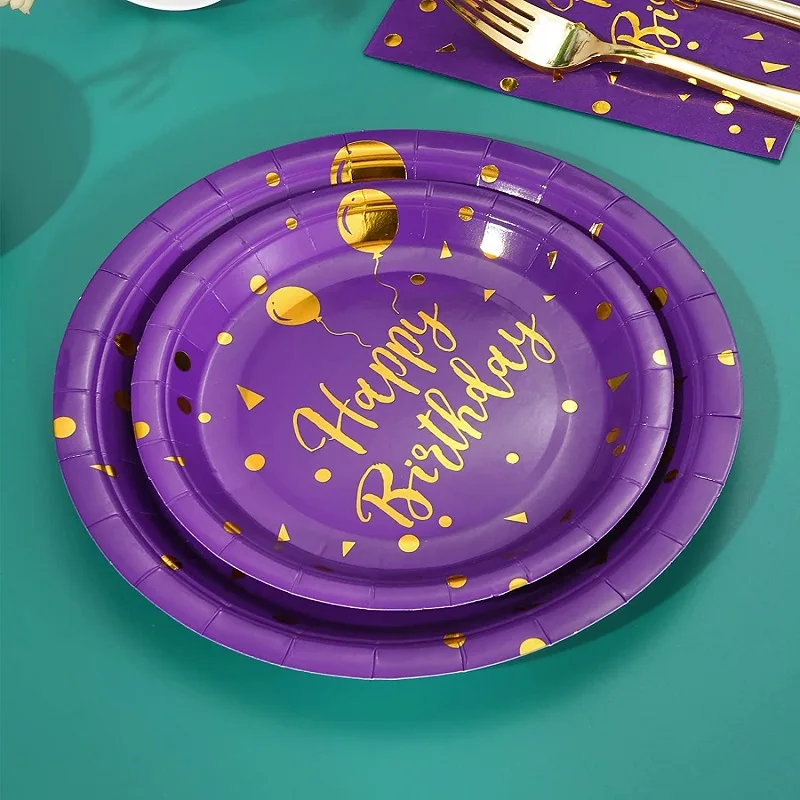Play Purple Birthday Decorations Purple Gold birthday plates and napkins for Pur - £24.69 GBP