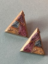 Vintage Large Gold Painted Wood Triangle w Wound Pink Yellow Purple Blue Geometr - $11.29