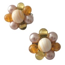 Glass Cluster Bead Earrings Estate Pastels Tan Lavender Faux Pearl Japan Vintage - £11.62 GBP