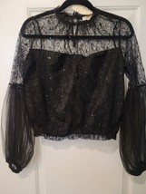 Peach Womens Black Blouse Large Sheer Arms&amp;Top Sequins L Sleeves BNWT Lined - £13.74 GBP