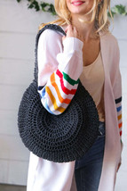 Black Braided Straw Circle Lined Tote Bag - £16.45 GBP