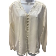 VTG Kathy Che Blouse SZ 16/18 Ivory Pearl Beads Embroidery Long Sleeve l... - $26.59