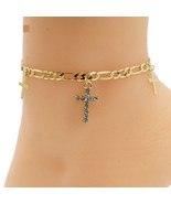 18k Layered Real Gold Filled Figaro link With Cross Pendant Anklet Brace... - £10.24 GBP