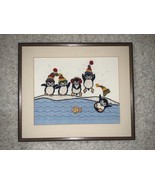 Winter Penguins Finished Framed Crewel Embroidery Needlepoint 1980s - $53.39 CAD