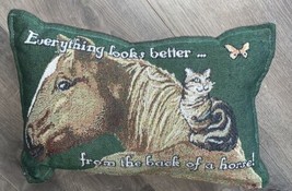 “Everything Looks Better From The Back Of A Horse” Cat Theme Small Throw Pillow - £7.41 GBP