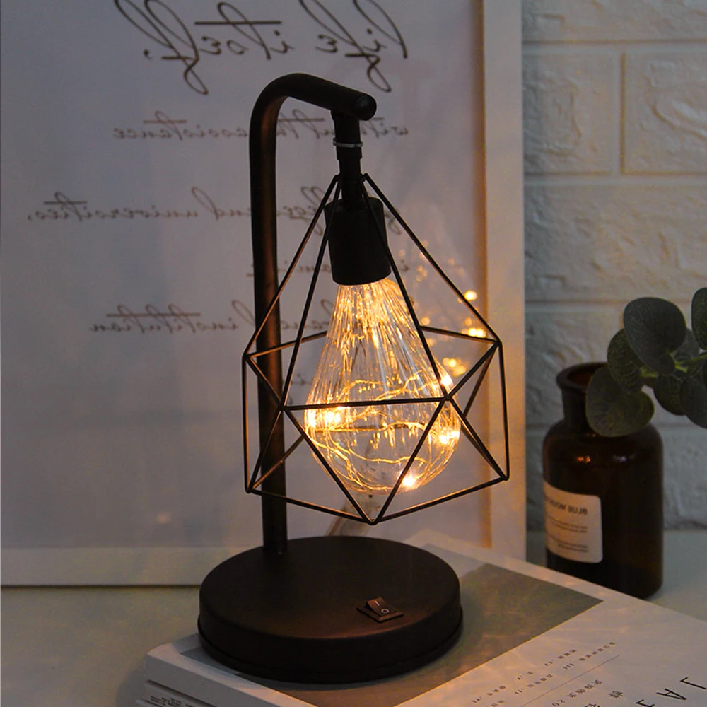 Retro Table Lamp Black Geometric Wire Industrial Night Light Bedside Lamp - $16.76+