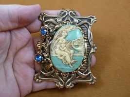(CL1-56) WOMAN CHERUB ivory + blue CAMEO floral brass pin Pendant Jewelry brooch - £32.12 GBP