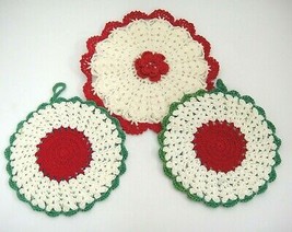 Vintage Handmade Crocheted Doily Hot Pads Lot of 3 Red White Green Two Sided - £9.48 GBP