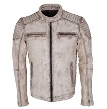 NEW Mens Classic Designer Beige Waxed Quilted Leather Jacket 2019 - £116.91 GBP