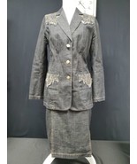 ESCADA Denim Embroidered Straight Skirt &amp; Button Jacket Set Suit Sz 42/ 10 - $303.83