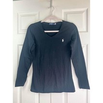Ralph Lauren Sport Shirt Women&#39;s Medium Black White Pony Long Sleeve V Neck - £16.06 GBP