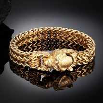 Punk Gold Wolf Head Bracelets Men Stainless Steel Chain Wristband Vikings Amulet - £26.43 GBP