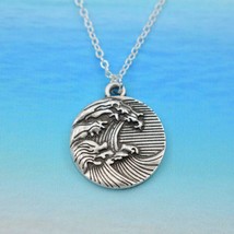 Great Wave Necklace 0.75&quot; Round Pendant 18&quot; Chain Surfing Beach Ocean Surf New - £7.15 GBP