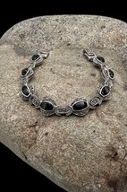 Art Deco Sterling Silver Onyx Marcasite Link Tennis Bracelet 7.5&quot; - £30.84 GBP