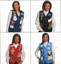 Misses Ugly Christmas Applique Lined Vests Snowman Stocking Sew Pattern M(12,14) - £9.66 GBP