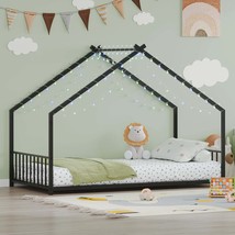 Twin Black Iron Bed Frame with LED, Roof-Shaped Kids&#39; Bed - $155.99