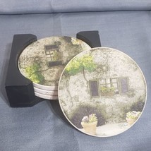 Stoneware Coaster Set with Holder Stone Cottage Window Motif Set of 4 Co... - £7.85 GBP