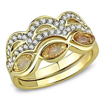 Gold Plated Clear and Yellow Crystal Scalloped Ring Set Stainless Steel TK316 - £18.82 GBP