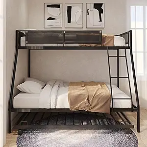 Twin Over Full Metal Floor Bunk Bed, Heavy Duty Bunk Bed With Trundle Enhanced U - £459.03 GBP