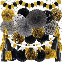 Party Decorations, 41 Pcs Black And Gold Papar Fans Pompoms Garlands String Tiss - £25.08 GBP