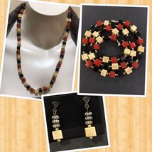 Vintage Stone Red Black Beige Necklace 22” &amp;earrings With Sterling Beads - £27.53 GBP