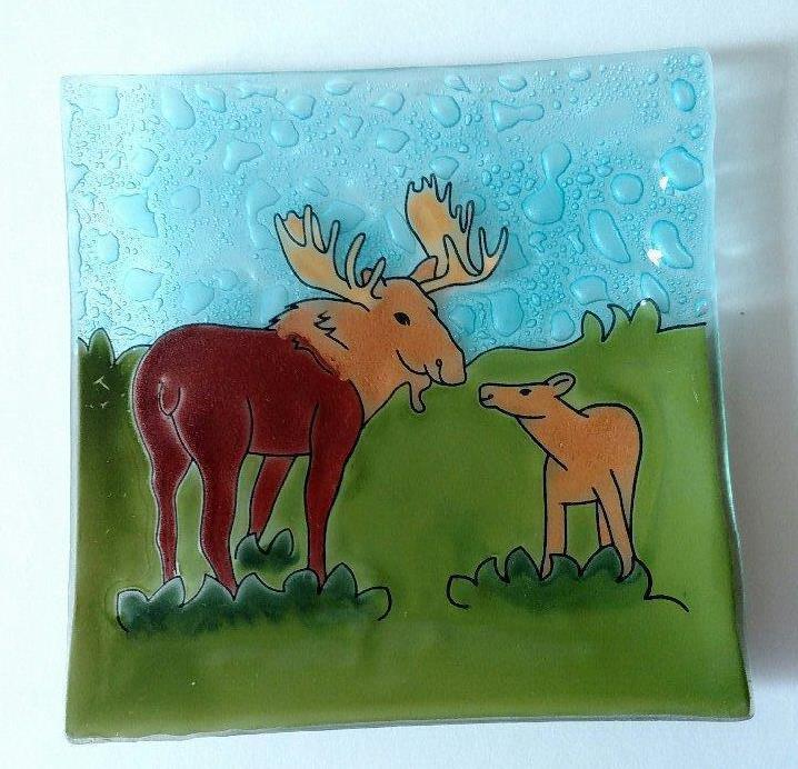 Primary image for Moose Family Fused Art Glass Decorative 5" Square Plate Lodge Made in Ecuador