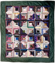 Vintage Antique Hand Made Log Cabin Quilt Silk 52&quot; x 46&quot; Wall Hang - $88.21