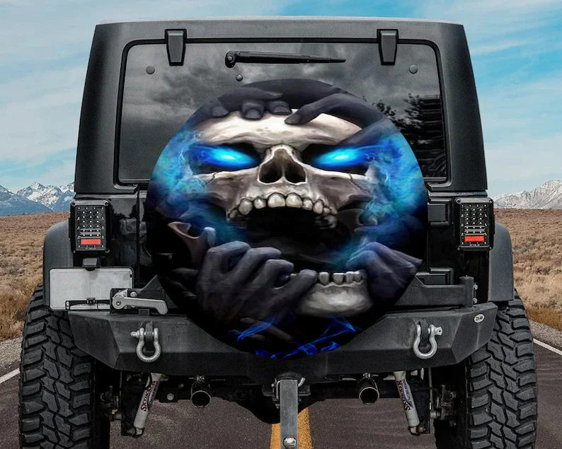 Skull Blue Jeep Halloween Spare Tire Cover, Skull Halloween Ghost Spare Tire - £16.15 GBP