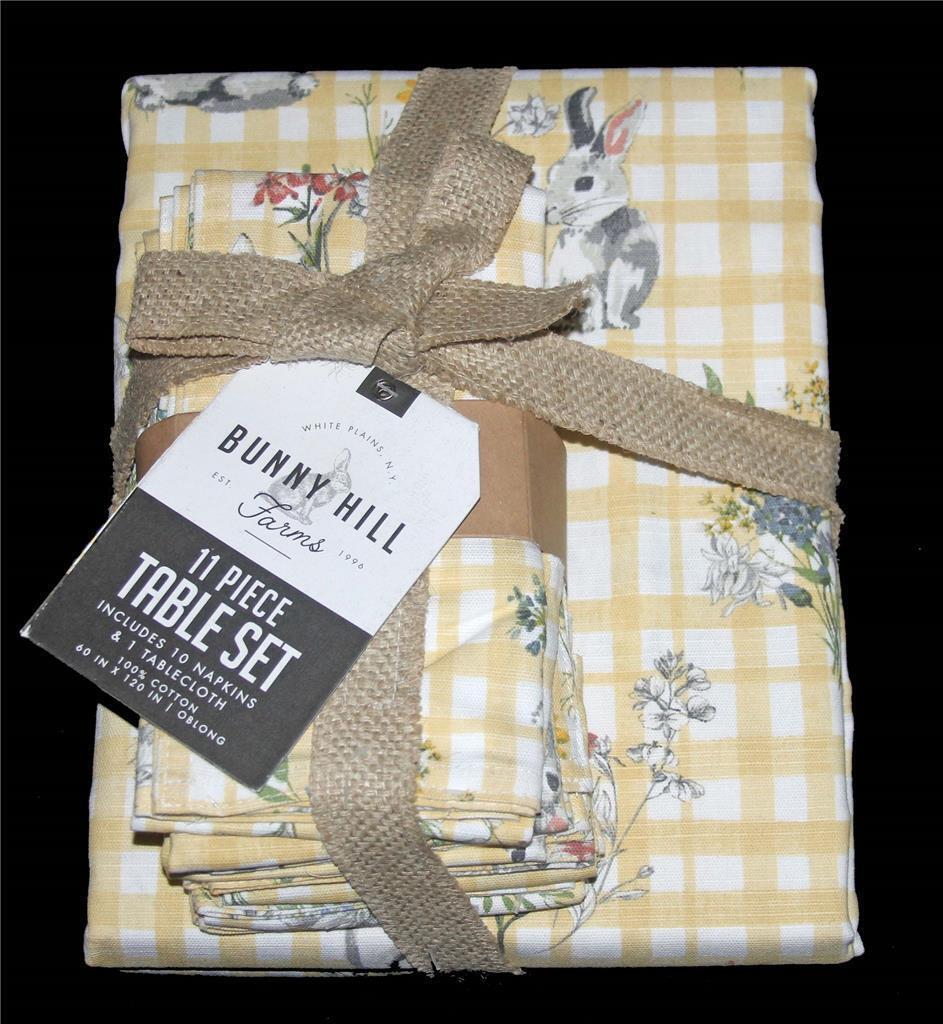 11-Pc Bunny Hill Rabbit Yellow Check Flowers 60 x 120 Tablecloth &amp; 10 Na... - $69.99