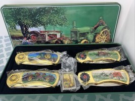 Set of 4 Green Farm Tractor Theme Folding Pocket Knife + Keychain Gift Tin  - $49.49