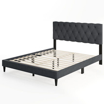 Upholstered Platform Bed with Tufted Headboard and Wooden Slats Gray-Queen Size  - $302.44 CAD