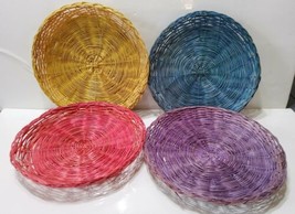 4 Assorted Colored Vintage Wicker Rattan Paper Plate Holders 9&quot; Purple Yellow   - £16.25 GBP