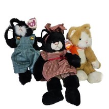 Jointed Plush Cat Lot of 3 Boyds Bears Ty Russ Berrie Jointed Kittens w Clothes - £22.25 GBP