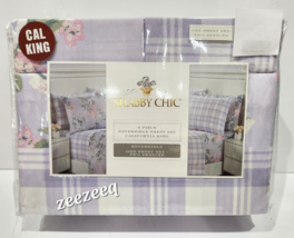 Shabby Chic Reversible Floral Plaid Cal King Sheet Set Lavender Purple - £62.01 GBP