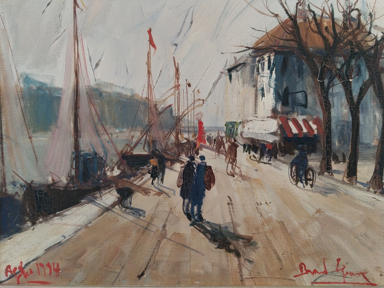 Oil painting on canvas signed, La Balade au Port, 19(54) probably Agde, ... - $209.00