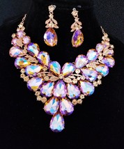 Pink Rose Gold, Rhinestone Necklace Earrings, Vitrail Crystal Jewelry, Pageant B - £67.12 GBP