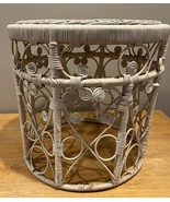 Vtg White Wicker Rattan Plant Stand Boho Scroll Peacock Side Table Round... - $158.39