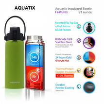 Aquatix Lime Green Insulated FlipTop Sport Bottle 21 ounce Pure Stainless Steel - £15.47 GBP